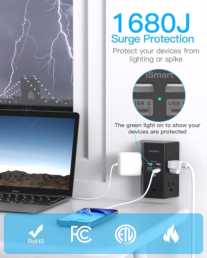 Surge Protector, 5 Outlets Extender with 4 USB Ports(USB C PD20W), 3-Side 1680J Power Strip Multi Plug Outlet Expander, USB Wall Charger, Outlet Splitter Adapter Wall Mount for Home Office(Black)