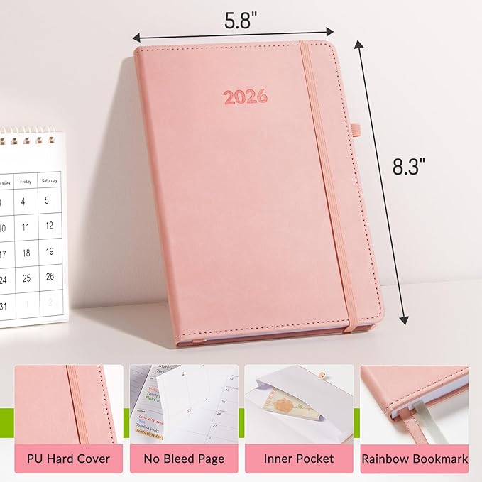Forvencer 2026 Planner, Weekly Monthly Planners with Month Tabs, 12 Months (Jan 2026 - Dec 2026), A5(5.8"×8.3"), Daily Academic Calendar with Elastic Band, Small Hardcover Agenda, for Teacher, School