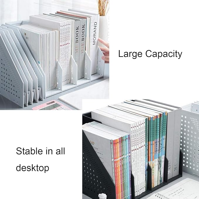 Lemical Magazine Holder 4 Vertical Compartments Collapsible Magazine File Holder Space Saving Rack Home Kitchen Desk Organizer No Need Assemble Gray