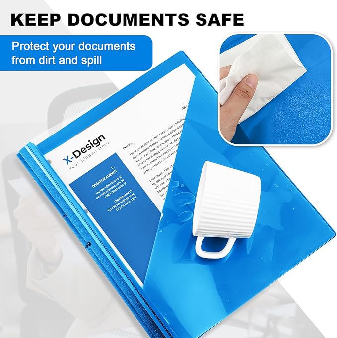 Teling 48 Pcs Clear Front Report Covers with 3 Prongs Fasteners, 11.42 x 9.45 Inch Plastic Book File Covers 90 Sheet Capacity, Presentation Folder with Blue Back Cover for Office Business