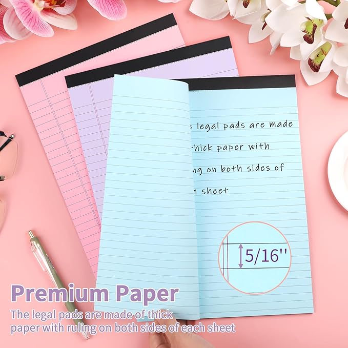 Colored Legal Pads, 3 Pack Writing Pads 8.5 x 11 inch, Micro Perforated Notebooks with Sturdy Back, Wide Ruled, 30 Sheets Per Writing Pad for School, College, Office, Professional (Blue/ Pink/Purple)