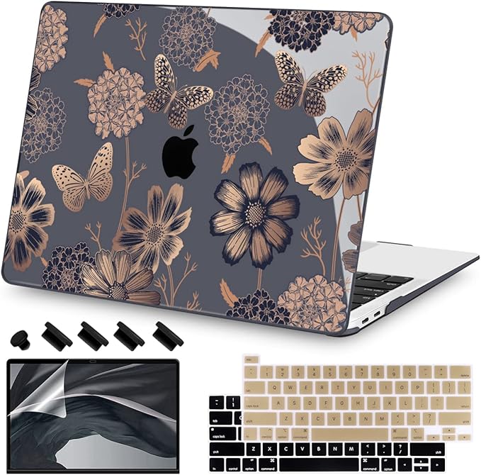 Teryeefi for M1 M2 MacBook Pro 13 inch Case 2022 2020-2016 Release (Model A2338 A2289 A2251 with Touch Bar), Plastic Hard Shell Case & Keyboard Cover & Screen Protector, Gold Flowers