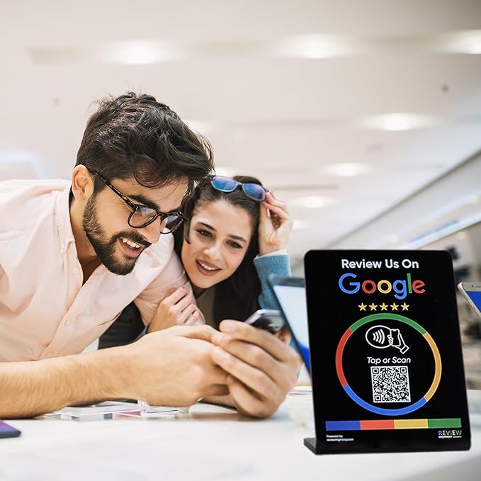 NFC Tap Stand (1-Pack) by Review Highway - Compatible with Google Reviews - NFC Tap & QR Scan for Instant Reviews - Boost SEO - iPhone/Android Compatible – Reusable and Zappy Fast (Black, 1 Stand)