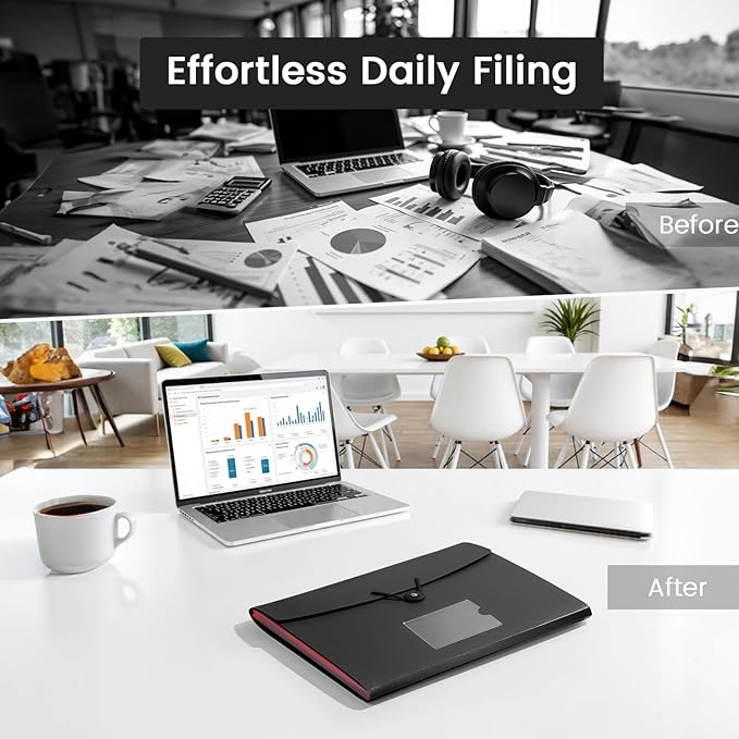 13 Pocket Accordion File Organizer with Elastic Closure, Expanding File Folder for Letter Size A4 Papers, Ideal for Home, Office Supplies, College Essentials - Black