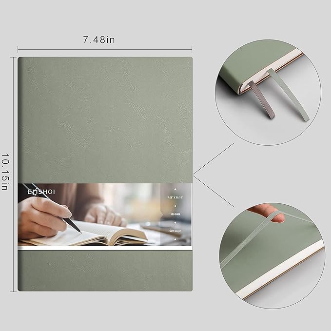 EMSHOI Dotted Journal Bullet Notebook, B5 Large Softcover Leather Journal, 192 Numbered Pages 100gsm Thick Dot Grid Notebook for Drawing Women Men Work School Supplies, 7.48"x10.15"-Green