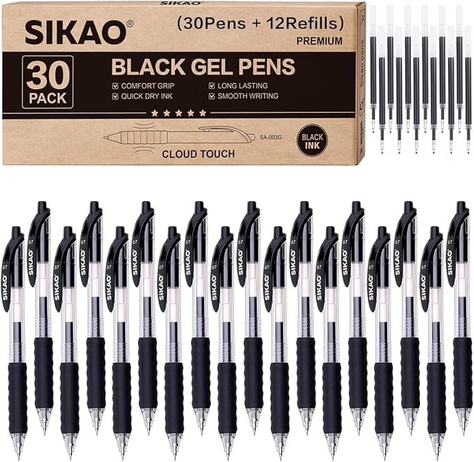 Black Gel Pens Bulk 30 Pack Black Pens Fine Point Smooth Writing No Smudge, CLOUD TOUCH Grip 0.7mm Gel Ink, Retractable Rollerball Click Pens for Server Office School, Lapiceros (BLACK)