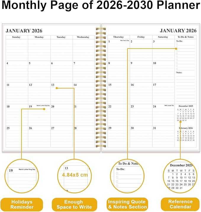 2026-2030 Monthly Planner - 60 Month PLanner Calendar from January 2026 to December 2030, 5 Year Planner 2026-2030 with Flexible Cover, Inner Pocket, Perfect for Home | School | Office, 8.5" x 11", Pink