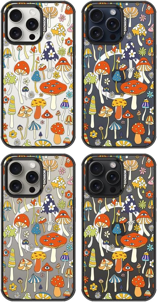 MOSNOVO Magnetic Case for iPhone 15 Pro Max, 10ft Military-Grade Protection, Compatible with Magsafe, Shockproof Phone Case for iPhone 15 Pro Max - Mushroom Art - Clear Black