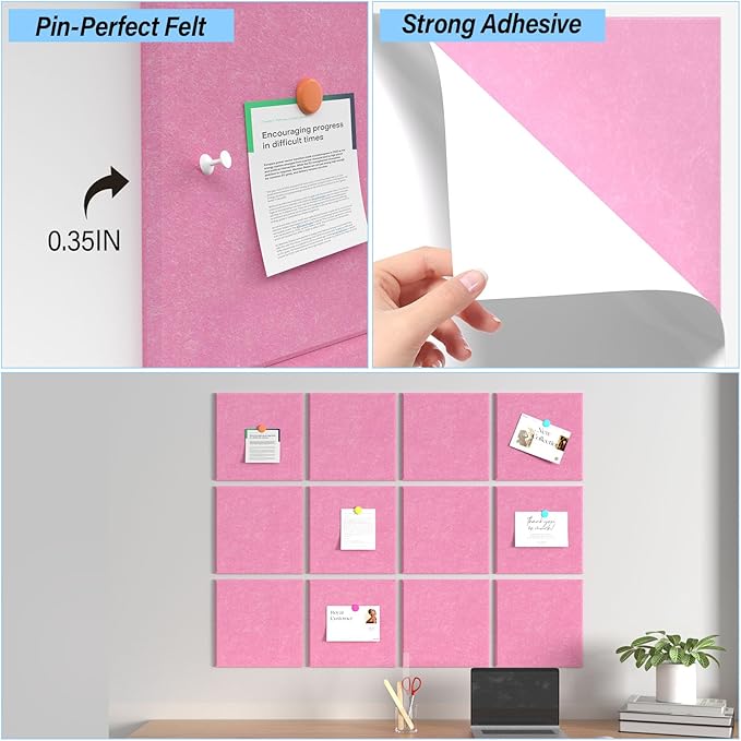 Large Cork Boards for Walls – 48 x 36 Self Adhesive Felt Wall Tiles, Ideal for Office Black Bulletin Board, Easy to Install Pin Board Photo Board
