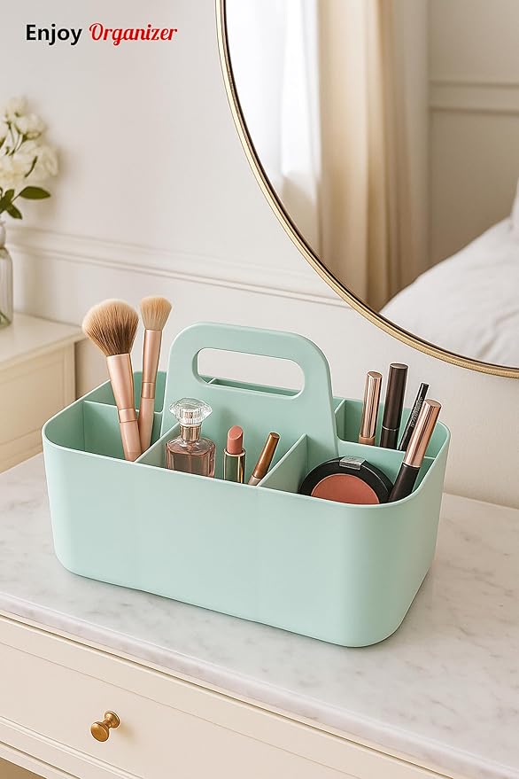 2 Pack Small 6 Compartment Multiuse Caddy Organizer with Handle Art Craft Supplies, Office, Desk, Stationery Pen Holder Stackable- Made In USA (Mint)