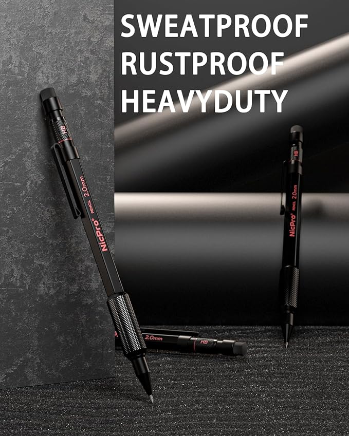 Nicpro 3 Pack 2mm Mechanical Pencils Set with Case, 33 Graphite Lead Refills (4B 2B HB 2H 4H), 36 Colored Lead, Erasers -Weatherproof Metal Barrel, Heavy Duty Carpenter Pencil For Drawing Sketching