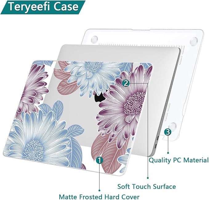 Teryeefi Compatible with M2 M1 MacBook Pro 13 Inch Case A2338 A2289 A2251 A2159 A1989 A1706 A1708 (2024 20203 2022-2016), Hard Shell Case & Keyboard Cover for Mac Pro 13" - W-Flowers