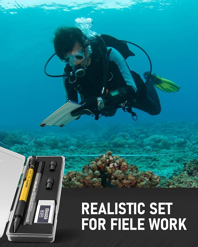 Nicpro 1.3 mm Mechanical Pencil Set with 12 Lead Refill, Eraser - Weatherproof Metal MP2000 Heavy Duty Carpenter Pencil for Outdoor Marking Drafting Drawing Sketching Woodworking - with Case