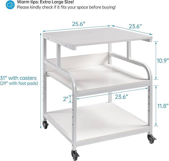 Printer Stand, 25.6" x 23.6" x 30.9" Extra Large Printer Table with Adjustable Storage Shelf, 3 Tier Rolling Printer Cart with Industrial Wheels for Home Office, White