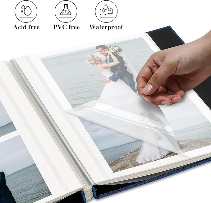 Self Adhesive Photo Album, Navy Blue Scrapbook Album with DIY 40 Blank Pages, Wedding Photo Album with A Metallic Pen for 4x6 5x7 2x3 Pictures, 10.6"x11"