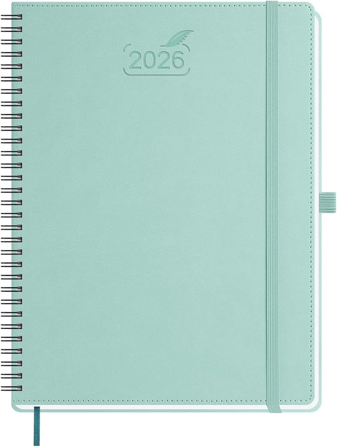 BEZEND 2026 Planner Weekly and Monthly (8.5" x 11" Spiral) Daily Calendar with Half-Hourly Timeslots & Tab (Jan-Dec) Note & Expenses, Pen Holder, Inner Pocket, Vegan Leather Softcover - Mint Green