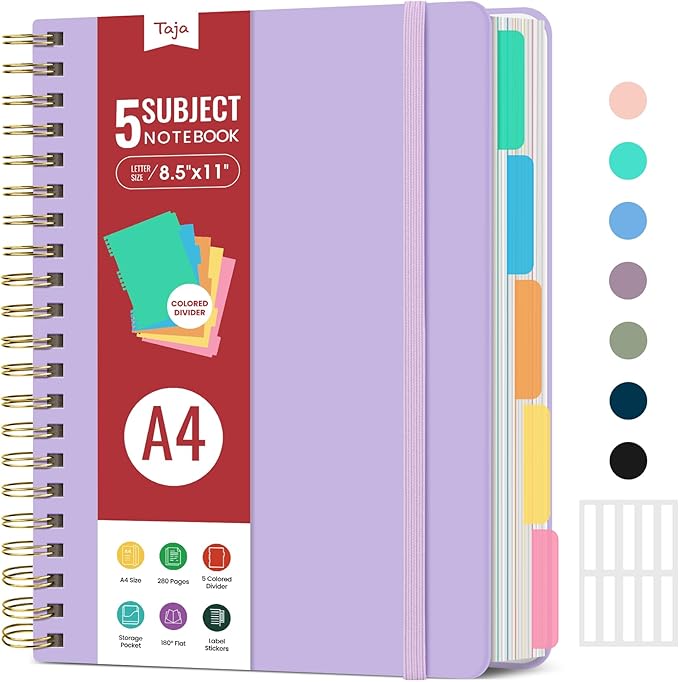 Hardcover Spiral Journal Notebooks for Work With Removable Dividers & Tabs, 8.5"x11" 5 Subject Notebook for Note Taking & Organizer, A4 College Ruled Lined Journal for Women & Writing, Lilac Purple, 280 Pages