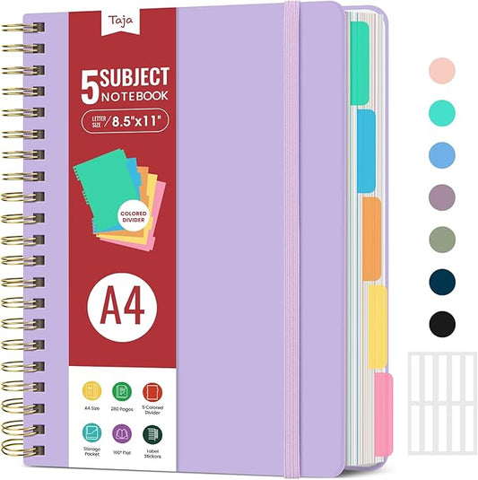 Hardcover Spiral Journal Notebooks for Work With Removable Dividers & Tabs, 8.5"x11" 5 Subject Notebook for Note Taking & Organizer, A4 College Ruled Lined Journal for Women & Writing, Lilac Purple, 280 Pages