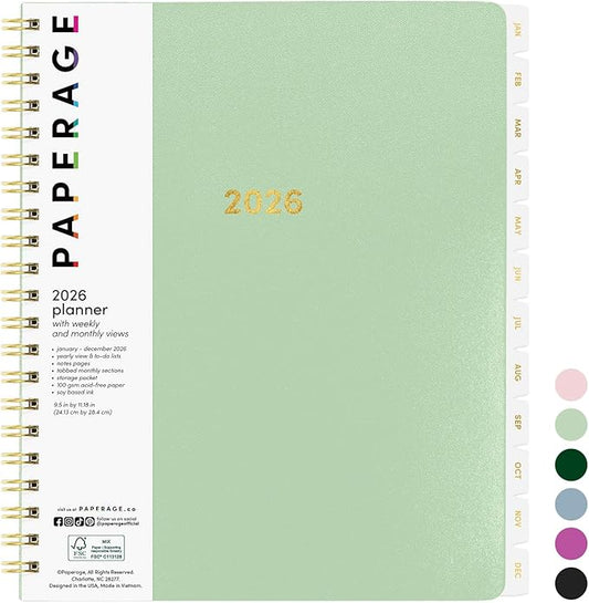 PAPERAGE 2026 Weekly & Monthly Planner, 12 Months (January 2026 - December 2026), 9.2 in x 11.2 in, Spiral Bound 2026 Planner with Weekly, Monthly & Yearly Views, Note Pages & Inner Pocket – Sage Green