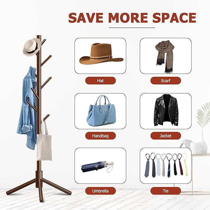 Wooden Coat Rack, Free Standing Coat Rack with 8 Hooks 3 Adjustable Heights for Clothes, Hats, Handbags, Coat Tree Easy Assembly for Entryway, Bedroom, Hallway, Office(2PCS)
