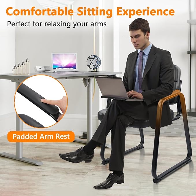 CLATINA Waiting Room Guest Chair with Bonded Leather Padded Arm Rest for Office Reception and Conference Desk Black with Sled Base 6 Pack