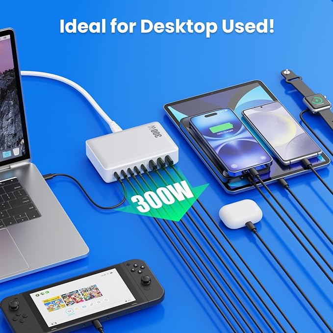 USB C Charger 300W USB C Charger Block 8-Ports GaN IV Fast Charging Station,PD 100W Laptop Hub Wall Charging Adapter Compatible with MacBook/Air,DELL,Steam Desk,iPhone 16/15/14,Samsung Galaxy S24 etc