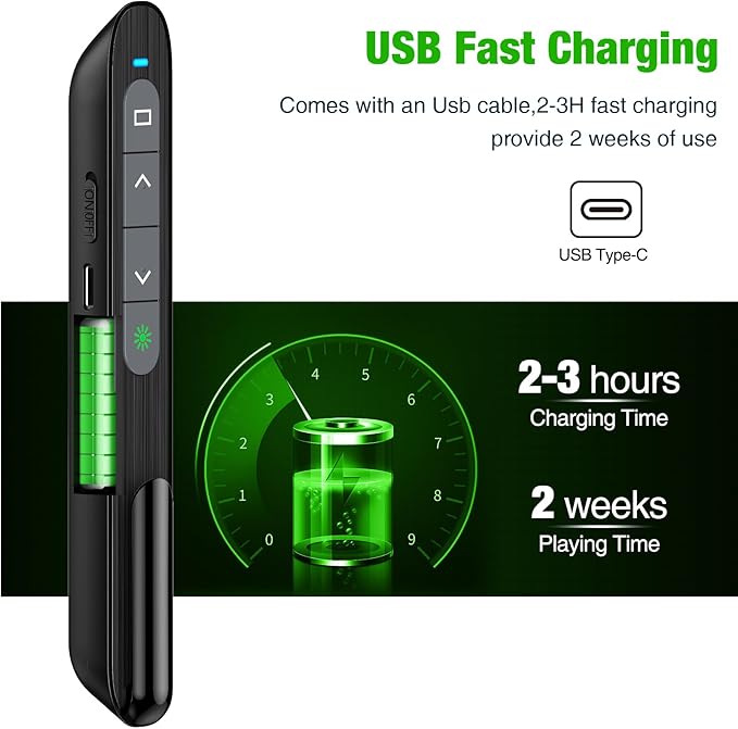 USB C Rechargeable Presentation Clicker with Green Light, Remote Clicker for Presentations Wireless Presenter Slide Changer PPT Advancer with Volume Control for Laptop Computer