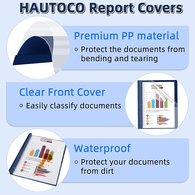 HAUTOCO 5 Pack Plastic Report Covers with 3 Prongs Fasteners Clear Front Resume Portfolio Folder for 8.5x11 Letter Size Paper, Presentation Document Report Cover for School Office Business, Navy Blue