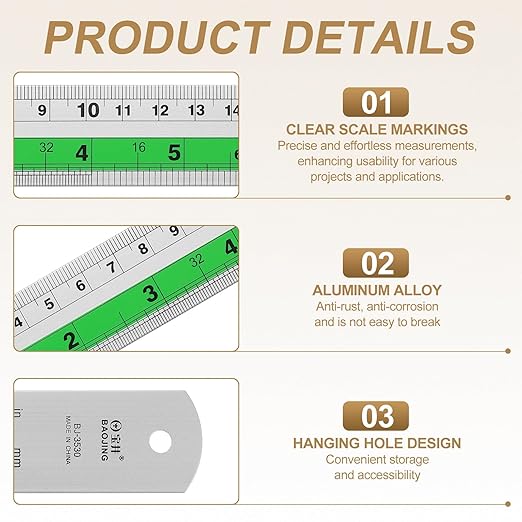 HARFINGTON 6pcs Metal Straight Ruler 30cm Metric SAE Aluminum Alloy Measuring Rulers Scale Tool with Hole for Measure Study Reading Classroom Office, Green