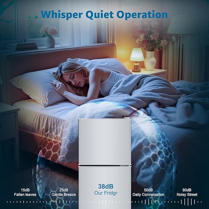 4.9 Cu. Ft. Mini Fridge with Freezer, Compact Refrigerator with Adjustable 7-Level Thermostat, Double-Door Fridge for RV, Kitchen, Office, Silver