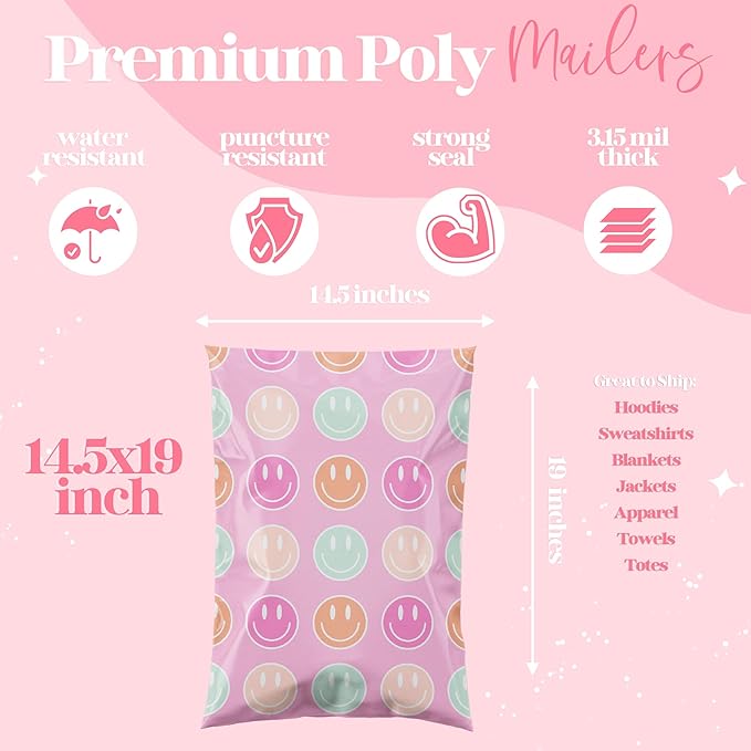 6x9 Designer Poly Mailer 100 Pack Heavy Duty Waterproof Self Seal Shipping Bags for Small Business Large Mailing Envelopes Bulk Tear Resistant Cute Packaging Smiley Face