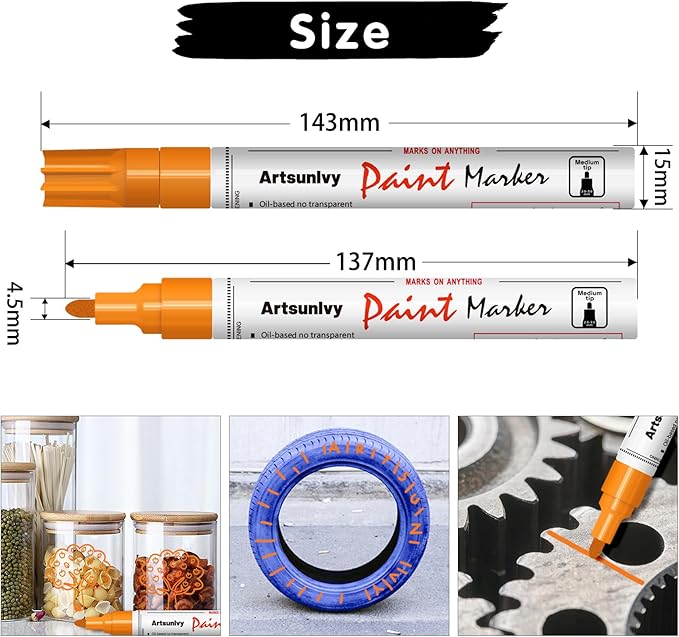 Orange Paint Pens Permanent Markers - 2 Pack Oil Based Quick Dry Waterproof Markers for Tire, Rubber,Wood, Rocks, Metal, Canvas, Plastic, Dark Surface,Craft Art Supplies,Medium Point