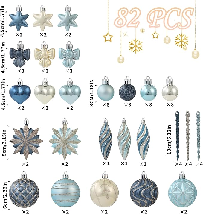 82Pcs Blue and Gold Christmas Ornaments Set, Shatterproof Medium Christmas Ball Ornaments, Christmas Decorations Hanging Ornaments for Xmas Trees, Holiday, Party Decor (Navy Blue & Gold)
