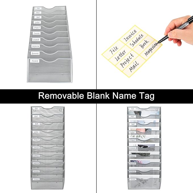 PAG Hanging Wall File Holder Organizer Mail Sorter Literature Rack for Office, 10 Pockets, Silver
