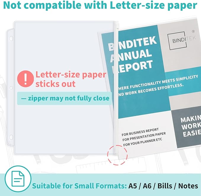 Binditek 10 Pack Plastic Zippered Binder Pockets, 3-Hole Punched for 3 Ring Binder, Clear PVC with White Zippers, Waterproof Loose Leaf Bag Pouch for Document Filing and Storage