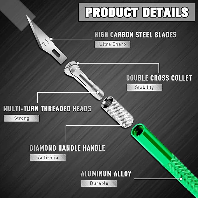 DIYSELF 2 Pack Exacto Knife Set, Precision Knife for Paper, Carving Blades for Crafts, Craft Knife for Wallpaper, Art Knives, Hobby Knife with 20 High Carbon Steel Exacto Knife Blade #11(Green)