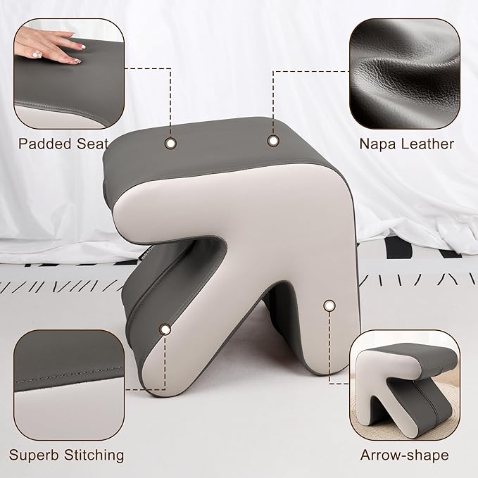 H&B Luxuries Ottoman, Foot Stool with Creative Shape, Napa Leather Ottomans, Removable Outer Foot Rest, No Assembly Required, Ottoman for Living Room, Bedroom, Entrance, Gray White