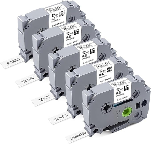 TZe-231 Replace for Brother Label Maker Tape TZ TZe Work with Brother P Touch Label Tape 12mm 0.47 Laminated White 1/2" P Touch Refill Black on White TZe-231 Cartridge for PT-H103w H110 D210 D220 1180