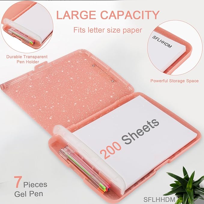 Glitter Clipboard with Storage,Storage Clipboard with Pen Holder,A4 Binder Clip Boards 8.5x11 with Low Profile Clip,Side Opening Sparkle Clipboards, Clipboards Folder for Office Supplies-Pale Pink