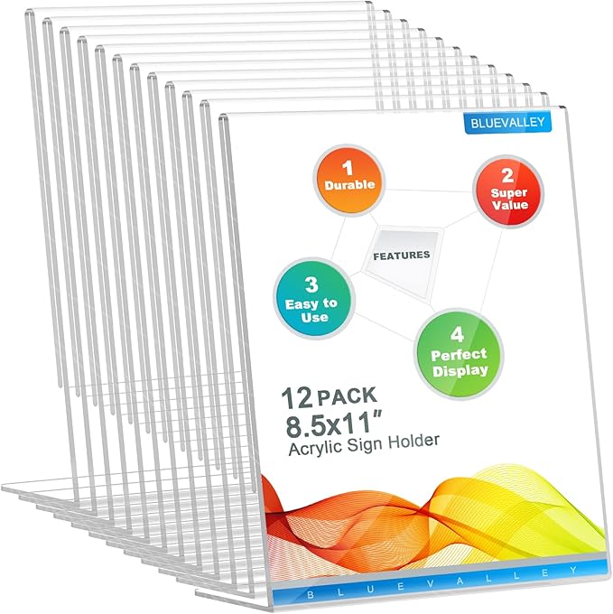 BlueValley Acrylic Sign Holder 8.5x11 Vertical - Clear Slanted Back Plastic Paper Display Stand for Menu, Flyer, Document - Table Top Sign Holder Certificate Frame for Office, Retail, Restaurant, Fairs - 12 Pack