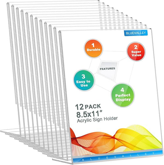 BlueValley Acrylic Sign Holder 8.5x11 Vertical - Clear Slanted Back Plastic Paper Display Stand for Menu, Flyer, Document - Table Top Sign Holder Certificate Frame for Office, Retail, Restaurant, Fairs - 12 Pack