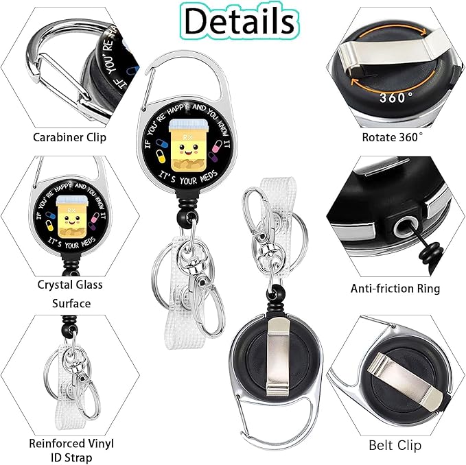 Gctriki Pharmacy Badge Reel Retractable Heavy Duty with 360°Swivel Carabiner Belt Clip, Cute Pharmacist Chill ID Holder, Nurses Teachers Students Retractable Keychain Name Badge Clip Nurses Gifts