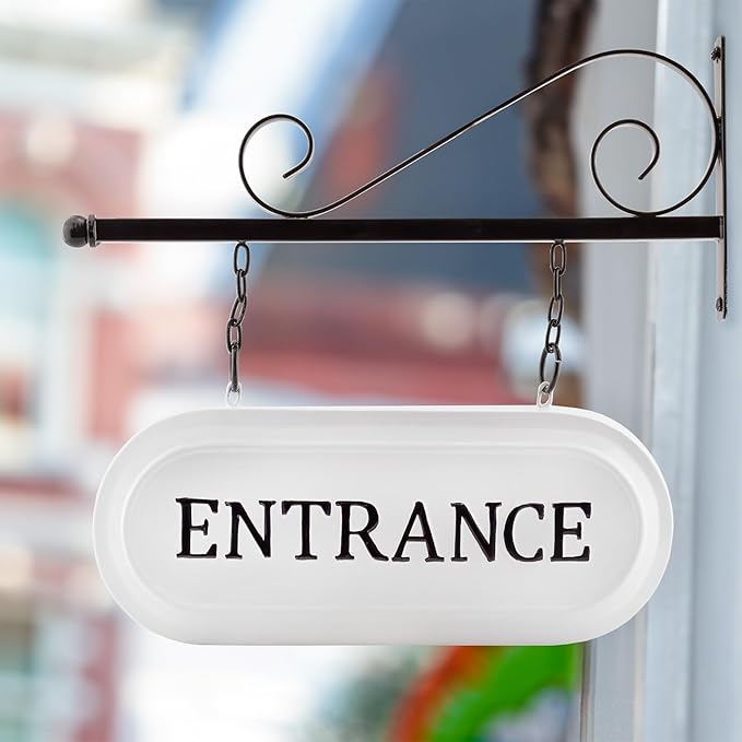 AuldHome Design Wall-Mounted Metal Entrance Sign, Farmhouse Enamelware 2-Sided Business Reception/Office Sign