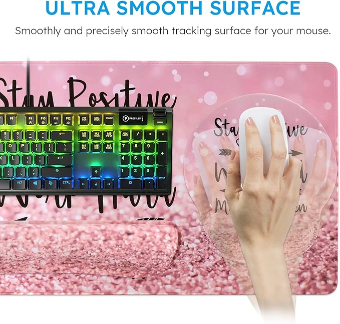 iCasso Mouse Pad,Large Pink Desk Mat Set, 4in1 XXL Mousepad + Keyboard Wrist Rest+Mouse Wrist Rest+Coaster with Ergonomic Desk Pad for Home Office Table Computer Cover -Pink Stay Positive