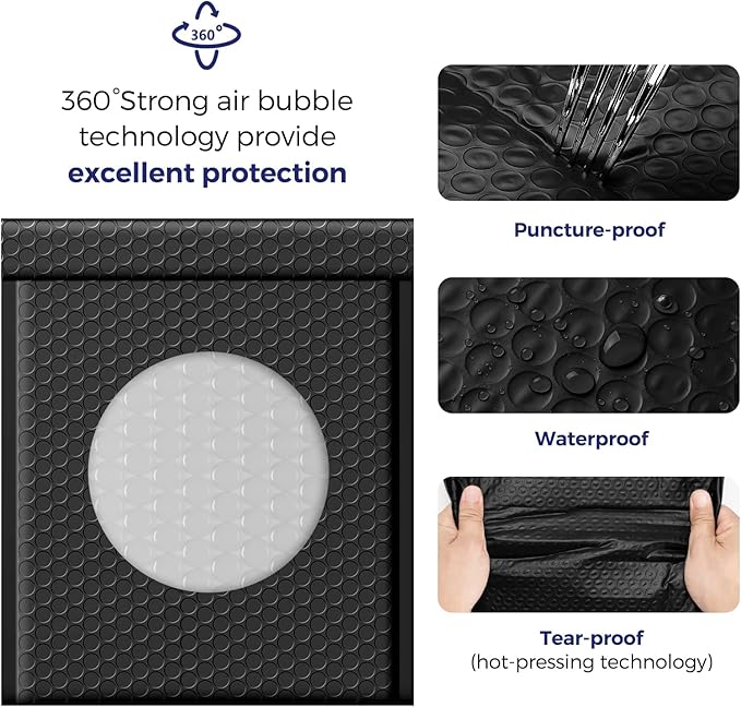 Fuxury 100 Pack Black Bubble Mailers 8.5x12" Medium Opaque Bubble Envelopes Strong Adhesion Bubble Mailer Thick Padded Envelopes Mailers for Small Business Mailing Books Clothes Makeup Supplies
