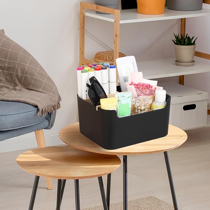 Segarty Black Desktop Organizer, Detachable Bamboo Remote Control Holder, Desk Storage Box Pencil Pen Holder Caddy for Office Home Bedside Nightstand Organization