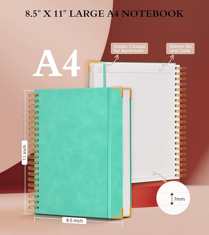 Spiral Notebook Journal 8.5” x 11”, 300 Pages Hardcover Leather Lined Journals for Women Men, A4 Large College Ruled Notebooks with 100 GSM Thick Paper, Spiral Journal for Writing Work School, Teal
