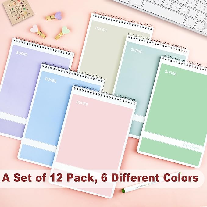 SUNEE 12 Pack Steno Pads 6x9, Gregg Rule, 60 Sheets, 6 Assorted Color Spiral Notebook 6x9, White Paper, Take Notes with Top Spiral Notebook, for School, University, College, Work, Office