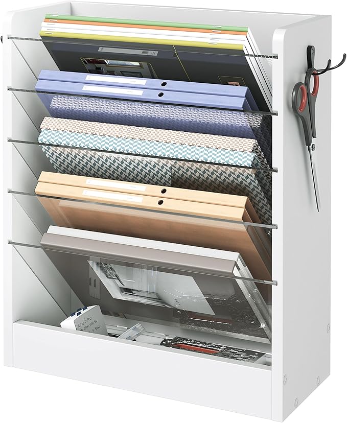 Wall File Holder, 6-Tier File Organizer, Office Supplies Storage Rack, Versatile Desktop Organizer, with Detachable Shelves, with Side Hooks, for Living Room, Study, Home Office, White MWJ02WB