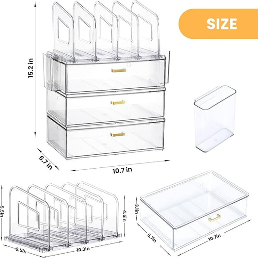 Acrylic Desk Organizer with 4-Vertical File Holder Rack, 3-Clear Drawer, and 2 Pen Holders, Desktop File Organizers Paper Tray for Office Accessories School Classroom Organization (Clear)